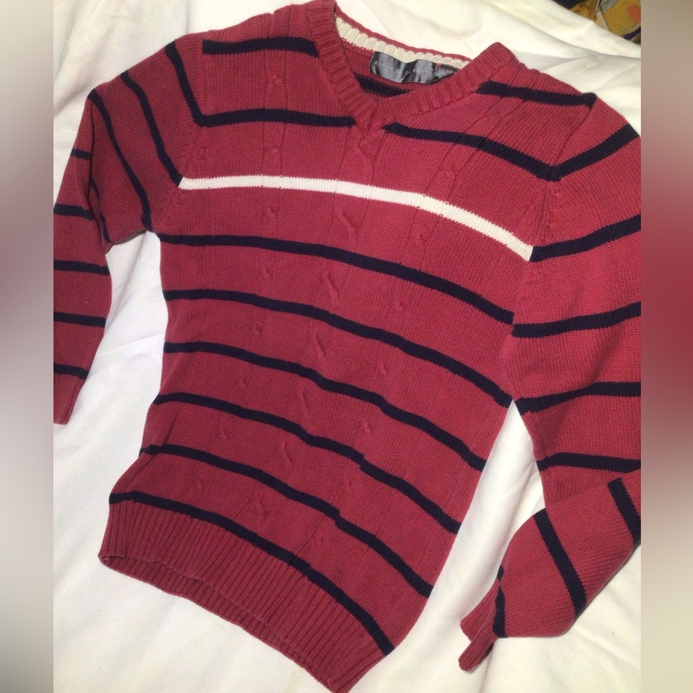 Oscar De La Renta Red Stripes V-neck Cableknit Pullover Sweater Mens